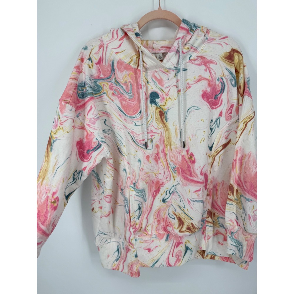 Live Well Lifestyle Hoodie Womens Medium Pink Marble Swirl French Terry Pullover